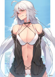 Rule 34 | 1girl, ahoge, bare shoulders, bikini, black choker, black sweater, blue sky, blush, border, breasts, choker, cleavage, clenched teeth, cloud, day, fate/grand order, fate (series), hair between eyes, halterneck, hands in pockets, jeanne d&#039;arc (fate), jeanne d&#039;arc alter (avenger) (fate), jeanne d&#039;arc alter (fate), jjune, large breasts, long hair, looking to the side, multiple straps, navel, off shoulder, paid reward available, silver hair, sky, solo, standing, stomach, sweat, sweater, swimsuit, teeth, thighs, very long hair, wet, white bikini, white border, yellow eyes