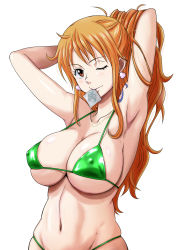 Rule 34 | 1girl, armpits, bare arms, bare shoulders, bikini, breasts, brown eyes, cleavage, condom, condom in mouth, curvy, dashigara 100, earrings, green bikini, highres, huge breasts, jewelry, large breasts, long hair, mouth hold, nami (one piece), navel, necklace, one eye closed, one piece, orange hair, simple background, solo, stomach, swimsuit, tattoo, white background, wink