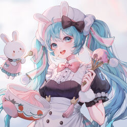 Rule 34 | 1girl, :&lt;, angel wings, animal, animal ear headwear, animal ears, apron, black bow, black collar, black shirt, black sleeves, blue eyes, blue hair, blurry, blurry background, blush stickers, bow, bowl, bowtie, brown eyes, buttons, center frills, chef hat, closed mouth, clothed animal, collar, collared dress, collared shirt, cowboy shot, dress, dress bow, earrings, eyelashes, fake animal ears, frilled apron, frilled dress, frilled shirt collar, frilled sleeves, frills, green bow, green bowtie, green skirt, hair bow, hair ornament, hair scrunchie, hat, hatsune miku, highres, holding, holding bowl, holding spoon, holding whisk, icing, jewelry, jingli jingli, layered shirt, light blush, long hair, mini wings, mittens, multiple hair bows, nail polish, open mouth, oven mitts, oversized object, pink bow, pink bowtie, pink dress, pink mittens, pink nails, pink skirt, pocket, pom pom (clothes), pom pom earrings, puffy short sleeves, puffy sleeves, rabbit, rabbit ears, scrunchie, shirt, short sleeves, single mitten, skirt, smile, solid circle eyes, solo, spoon, striped clothes, striped shirt, striped skirt, tassel, teeth, traditional bowtie, twintails, two-tone bow, two-tone skirt, upper teeth only, vertical-striped clothes, vertical-striped shirt, vocaloid, whisk, white apron, white background, white hat, white shirt, white wrist cuffs, wings, wrist cuffs