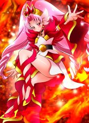 Rule 34 | 1girl, absurdres, akagi towa, bad id, bad pixiv id, choker, cure scarlet, detached sleeves, earrings, fiery background, fire, full body, go! princess precure, gradient background, highres, jewelry, long hair, magical girl, pink hair, pointy ears, precure, quad tails, red eyes, red footwear, sharumon, shoes, skirt, smile, solo
