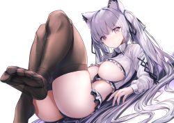 Rule 34 | 1girl, animal ear fluff, animal ears, aruvina (gu luco), ass, between breasts, black panties, black skirt, breasts, brown thighhighs, cat ears, cleavage, closed mouth, collared shirt, crop top, feet, frilled shirt, frills, gu luco, hair ribbon, highres, large breasts, legs, legs up, long hair, long sleeves, looking at viewer, microskirt, midriff, necktie, no bra, no nipples, no shoes, original, panties, red eyes, ribbon, shirt, short necktie, silver hair, simple background, skindentation, skirt, soles, solo, thighhighs, thighs, toes, twintails, underwear, very long hair, white background, white shirt
