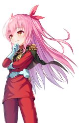 Rule 34 | 1girl, absurdres, bettle (b s a n), black capelet, breasts, capelet, char aznable, char aznable (cosplay), cosplay, gloves, grin, gundam, hair ribbon, hand on own chin, highres, himekuma ribon, jacket, long hair, pants, pink hair, pixel art, re:act, red eyes, red jacket, red pants, ribbon, sidelocks, small breasts, smile, transparent background, virtual youtuber, white gloves