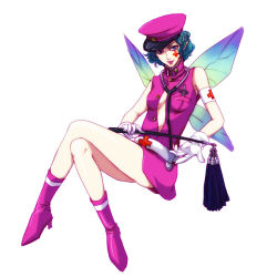 Rule 34 | 1girl, 35 (sansansanko), atlus, blue hair, boots, breasts, cleavage, fairy, hat, persona, persona 2, short hair, solo, trish (persona), wings