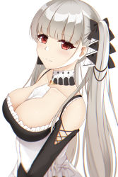 Rule 34 | 1girl, absurdres, azur lane, bad id, bad pixiv id, bare shoulders, black bow, black dress, blurry, bow, breasts, cleavage, collarbone, detached collar, dress, formidable (azur lane), frilled dress, frills, hair bow, highres, large breasts, long hair, long sleeves, looking at viewer, red eyes, rko (a470350510), silver hair, simple background, smile, solo, twintails, upper body, very long hair, white background