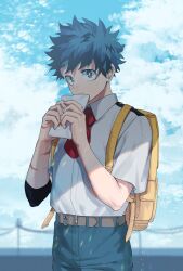 Rule 34 | 1boy, backpack, bag, belt, belt buckle, blue hair, blue pants, blue sky, blurry, blurry background, blurry foreground, boku no hero academia, bright pupils, buckle, closed mouth, clothing request, cloud, cloudy sky, collared shirt, commentary, film grain, freckles, green eyes, grey belt, hakua (ktdkilu), hands up, highres, holding, holding letter, letter, light, looking at viewer, looking to the side, love letter, male focus, midoriya izuku, multiple scars, necktie, outdoors, pants, power lines, red necktie, scar, scar on arm, scar on hand, school uniform, shade, shirt, short hair, short sleeves, sideways glance, sky, solo, standing, sunlight, u.a. school uniform, upper body, utility pole, wavy mouth, white pupils, white shirt, wing collar, yellow bag