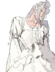 Rule 34 | 1boy, alternate costume, bonnet, bow, commentary, cropped legs, crossdressing, dress, final fantasy, final fantasy vii, frilled bonnet, frilled dress, frills, green eyes, grey hair, highres, lolita fashion, long dress, long hair, long sleeves, looking to the side, male focus, parted bangs, parted lips, puffy long sleeves, puffy sleeves, ribbon, sephiroth, simple background, white background, white bow, white ribbon, xscr1205