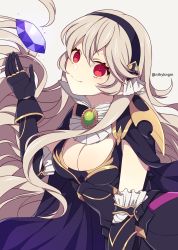 Rule 34 | 1girl, armor, black armor, black hairband, blonde hair, breasts, cape, cleavage, commentary request, corrin (female) (fire emblem), corrin (fire emblem), crml orng, fire emblem, fire emblem fates, hairband, highres, large breasts, long hair, nintendo, red eyes, simple background, slit pupils, smile, solo, stone, twitter username, upper body