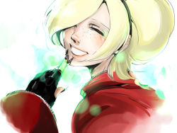 Rule 34 | 1boy, androgynous, ash crimson, black nails, blonde hair, closed eyes, face, fingerless gloves, fingernails, fire, freckles, ggagalaxy, gloves, grin, hair over one eye, hairband, lips, long fingernails, male focus, nail polish, pyrokinesis, smile, solo, the king of fighters, thegodsrequiem