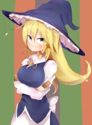 Rule 34 | 1girl, absurdres, akabeco, black hat, blonde hair, blue eyes, blush, bow, braid, breasts, closed mouth, cookie (touhou), crossed arms, fang, hair bow, hat, highres, kirisame marisa, large breasts, long hair, long sleeves, looking at viewer, red bow, ruka (cookie), smile, solo, star (symbol), touhou, witch hat