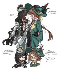 ... 2girls ^_^ arm_around_waist black_gloves black_hair blush cane chibi chibi_inset closed_eyes collared_shirt cropped_torso english_text eye_contact eyewear_strap face-to-face flower from_side glasses gloves green_eyes green_hat green_jacket grey_hat grey_jacket haihaiera hand_on_another&#039;s_waist hand_on_own_chest hands_up hat hat_feather hat_flower holding holding_cane isolde_(and_all_that_jazz)_(reverse:1999) isolde_(reverse:1999) jacket jewelry kakania_(reverse:1999) long_hair looking_at_another multiple_girls neck_ribbon necklace official_alternate_costume pearl_necklace picture_hat profile purple_eyes red_ribbon reverse:1999 ribbon round_eyewear shirt smile speech_bubble spoken_ellipsis sweat thought_bubble upper_body very_long_hair wavy_hair white_background white_gloves white_shirt yellow_flower yuri