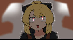 Rule 34 | 1girl, 1other, black bow, black shirt, blonde hair, bow, brown vest, commentary request, commission, grey background, hair bow, hair bun, highres, kurodani yamame, looking at viewer, medium bangs, open mouth, pov, pov hands, red eyes, rinyamame, scared, shirt, short hair, single hair bun, skeb commission, solo focus, touhou, trembling, upper body, vest