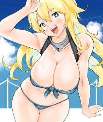 Rule 34 | 1girl, adapted costume, bikini, blonde hair, blue eyes, blue sky, breasts, cleavage, cloud, commentary request, cowboy shot, day, front-tie top, grey bikini, highres, igarashi mangou, iowa (kancolle), kantai collection, large breasts, leaning forward, long hair, looking at viewer, outdoors, sky, smile, solo, star-shaped pupils, star (symbol), swimsuit, symbol-shaped pupils