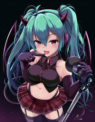 Rule 34 | 1girl, :d, ahoge, aqua hair, bare shoulders, black background, black gloves, black shirt, black thighhighs, breasts, collared shirt, crop top, demon girl, demon horns, demon tail, dress shirt, fangs, finger to mouth, frilled skirt, frills, from above, garter straps, gloves, gradient background, hair between eyes, hairband, hatsune miku, headphones, highleg, highleg panties, highres, holding, holding microphone stand, horns, kasai shin, light particles, long hair, medium breasts, microphone stand, midriff, miniskirt, navel, neck ribbon, open mouth, panties, pink eyes, plaid, plaid skirt, pleated skirt, ribbon, shirt, skindentation, skirt, sleeveless, sleeveless shirt, smile, solo, tail, taut clothes, taut shirt, thighhighs, twintails, underwear, very long hair, vocaloid