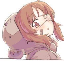 Rule 34 | 1girl, animal costume, animal hood, bandaid, bandaid on face, bear costume, bear hood, boko (girls und panzer), brown eyes, brown hair, commentary, eyepatch, from side, girls und panzer, head tilt, hood, looking at viewer, medical eyepatch, monolith (suibou souko), nishizumi miho, open mouth, portrait, short hair, simple background, solo, white background