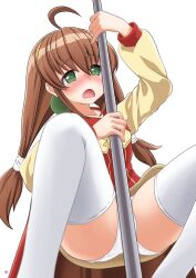 Rule 34 | 1girl, ahoge, blush, brown hair, cape, commentary request, dress, green eyes, hair ornament, hairband, highres, lilka eleniak, long hair, low-tied long hair, nao suke, open mouth, panties, pole dancing, simple background, skirt, solo, thighhighs, twintails, underwear, white background, white panties, white thighhighs, wild arms, wild arms 2, yellow hairband