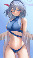 Rule 34 | 1girl, absurdres, ako (blue archive), alternate costume, bikini, blue archive, blue background, blue eyes, breasts, closed mouth, feathers, grey hair, hair between eyes, halo, hat feather, headband, highres, katagirinanoka, large breasts, medium breasts, navel, red feathers, solo, stomach, swimsuit, wavy hair
