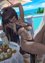 1girl absurdres b-pang bare_shoulders bikini black_hair blue_archive blush breasts cleavage dark-skinned_female dark_skin halo highres karin_(blue_archive) large_breasts long_hair navel one_eye_closed open_mouth swimsuit thighs very_long_hair yellow_eyes