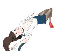 Rule 34 | 1girl, absurdres, alternate costume, arm up, blue skirt, blush, breasts, brown eyes, brown hair, brown pantyhose, choker, cleavage, collared shirt, d.va (overwatch), dress shirt, dutch angle, facepaint, facial mark, formal, full body, headphones, high heels, highres, holding, long hair, looking at viewer, lying, medium breasts, no bra, office lady, on back, overwatch, overwatch 1, pantyhose, paper, parted lips, pencil skirt, pink lips, pinkdolphin, red footwear, shirt, shoes, simple background, sketch, skirt, skirt suit, sleeves rolled up, solo, suit, untied, upside-down, whisker markings, white background, white shirt