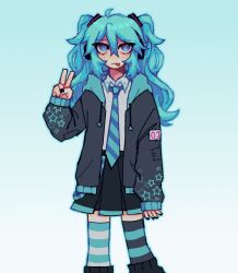 Rule 34 | 1girl, :p, ahoge, alternate costume, aqua eyes, aqua hair, aqua necktie, asymmetrical legwear, bags under eyes, black nails, black skirt, blue background, expressionless, feet out of frame, gradient background, grey jacket, half-closed eyes, hatsune miku, headset, highres, jacket, kerpluvis, looking at viewer, mismatched legwear, necktie, patch, pleated skirt, skirt, solo, standing, star (symbol), striped clothes, striped necktie, striped thighhighs, thighhighs, tongue, tongue out, twintails, v, vocaloid