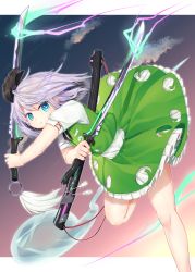 Rule 34 | 1girl, absurdres, alternate weapon, arm across chest, arms up, blue background, blue eyes, circle skirt, commentary request, dual wielding, energy, energy sword, expressionless, feet out of frame, furrowed brow, gradient background, green skirt, green vest, gunjou row, hair ribbon, highres, holding, konpaku youmu, konpaku youmu (ghost), leaning forward, light purple hair, looking at viewer, pink background, ribbon, serious, shirt, short hair, short sleeves, skirt, solo, sword, touhou, vest, weapon, white shirt