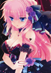 Rule 34 | 1girl, absurdres, bare shoulders, blue eyes, bow, braid, breasts, choker, cleavage, dress, earrings, flower, hair bow, hair flower, hair ornament, highres, ichiyou moka, jewelry, large breasts, long hair, megurine luka, nail polish, official art, pink hair, ring, solo, tattoo, vocaloid