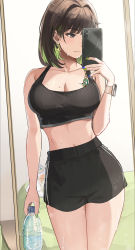 Rule 34 | 1girl, absurdres, bag, black hair, black shorts, black sports bra, blue nails, blush, bottle, breasts, brown eyes, cameo, cellphone, cellphone charm, charm (object), cleavage, closed mouth, collarbone, colored inner hair, crop top, earrings, fire emblem, green hair, green nails, grocery bag, gym shorts, highres, holding, holding bottle, holding phone, jewelry, large breasts, looking at phone, lyn (fire emblem), medium hair, midriff, mirror, miru (ormille), mole, mole on breast, mole on thigh, mole under eye, multicolored hair, nail polish, navel, nintendo, original, ormille, phone, reflection, selfie, shopping bag, short shorts, shorts, smartphone, solo, sports bra, sweat, taking picture, thighs, two-tone hair, watch, water bottle, wristwatch