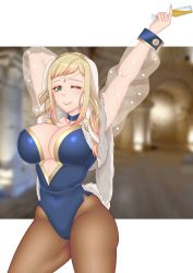 Rule 34 | 1girl, absurdres, alternate costume, animal ears, arms up, blonde hair, breasts, choker, cleavage, cryptid crab, cup, detached sleeves, drinking glass, fake animal ears, female focus, fire emblem, fire emblem heroes, fishnet pantyhose, fishnets, green eyes, henriette (fire emblem), highleg, highleg leotard, highres, holding, holding cup, large breasts, leotard, looking at viewer, mature female, nintendo, one eye closed, pantyhose, playboy bunny, rabbit ears, rabbit tail, see-through, see-through sleeves, smile, standing, tail, thighs, wink, wrist cuffs
