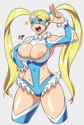 Rule 34 | 1girl, :d, areola slip, blonde hair, blue eyes, breasts, cleavage, curvy, frilled skirt, frills, happy, highres, large breasts, long hair, looking at viewer, maru zyru kun, mask, nipple slip, nipples, open mouth, rainbow mika, skirt, smile, solo, street fighter, teeth, thick thighs, thighs, tongue, twintails, very long hair, wrestling outfit