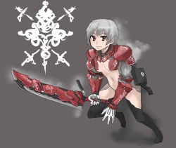Rule 34 | 1girl, armor, bag, breasts, short hair, sigama, sigma (artist), silver hair, solo, sword, weapon