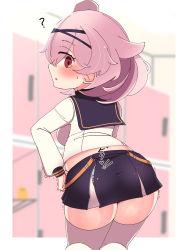 Rule 34 | 1girl, ?, ass, aylwin (azur lane), azur lane, blue panties, blue sailor collar, blue skirt, blush, breasts, commentary request, from behind, hair between eyes, hairband, hat, highres, horoyuki (gumizoku), indoors, locker, locker room, long sleeves, looking back, medium breasts, medium hair, panties, pantyshot, pink hair, pleated skirt, plump, red eyes, sailor collar, sailor hat, shirt, skirt, solo, spoken question mark, striped clothes, striped wrist cuffs, suspender skirt, suspenders, suspenders slip, sweatdrop, thighhighs, thighs, torn clothes, torn panties, trembling, underwear, weight conscious, white shirt, white thighhighs, wrist cuffs