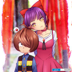 Rule 34 | 1girl, 2boys, amaga sakuramaru, antenna hair, arms behind back, bow, brown eyes, brown hair, choker, closed mouth, dress, flying sweatdrops, gegege no kitarou, gem, hair bow, hair over one eye, height difference, kitarou, leaning on person, looking at another, medama oyaji, multiple boys, nekomusume, pixiv id, pointy ears, purple hair, red bow, red choker, red dress, shirt, short hair, smile, sweatdrop, torii, traditional youkai, vest, white shirt, yellow eyes