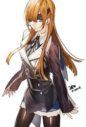 Rule 34 | 1girl, artist name, black pantyhose, blue eyes, brown hair, coat, collared shirt, commentary request, eyepatch, fate/grand order, fate (series), formal, ophelia phamrsolone, pantyhose, sando (310 sand), shirt, skirt, solo, suit, white background