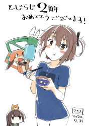 2girls :t absurdres animal animal_on_head blue_shirt blunt_bangs blush_stickers bowl brown_eyes brown_hair cat chopsticks closed_mouth commentary_request contrapposto dated etou_kanami food hair_between_eyes highres holding holding_bowl holding_chopsticks jewelry jitome juujou_hiyori long_hair looking_at_viewer multiple_girls necklace nene_(toji_no_miko) on_head one_side_up orange_cat popsicle sasaki_mitsuru shirt short_hair short_sleeves sidelocks simple_background sketch solo_focus standing toji_no_miko translation_request white_background