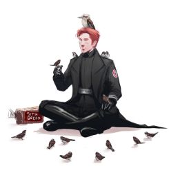 Rule 34 | 1boy, bad id, bad pixiv id, bird, boots, bread, coat, closed eyes, feathered wings, food, general hux, gloves, male focus, orange hair, senkkei, simple background, sitting, solo, star wars, star wars: the force awakens, white background, white eyes, wings
