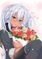 Rule 34 | 1girl, bouquet, commentary request, cowboy shot, dark-skinned female, dark skin, dated, flower, glasses, hair between eyes, happy birthday, highres, jewelry, kantai collection, long hair, looking at viewer, mashiro yukiya, musashi (kancolle), musashi kai ni (kancolle), nail polish, one-hour drawing challenge, red eyes, ring, silver hair, sitting, solo, twintails, wedding band