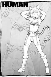 Rule 34 | 1boy, animal ears, armpits, arms up, blush, boots, bra, bulge, choker, crossdressing, english text, garter belt, greyscale, hairband, highres, lingerie, male focus, monochrome, original, panties, po-ju, short hair, signature, solo, standing, tail, thighhighs, tiger ears, tiger tail, trap, underwear, zoom layer