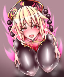 Rule 34 | 1girl, blonde hair, breast hold, breasts, covered erect nipples, harumi (harumix), heart, heart-shaped pupils, huge breasts, impossible clothes, junko (touhou), legacy of lunatic kingdom, long hair, looking at viewer, mature female, open mouth, red eyes, solo, symbol-shaped pupils, tears, touhou, upper body