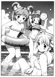 Rule 34 | 3girls, ball, bikini, bow, character request, cloud, copyright request, covered navel, greyscale, hair bow, hair ribbon, hair rings, highres, holding, holding ball, holding swim ring, innertube, knees together feet apart, monochrome, multiple girls, ocean, one eye closed, open mouth, ribbon, sky, smile, striped bikini, striped clothes, swim ring, swimsuit, twintails, volleyball (object), wet, yug (ekaki)