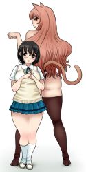 Rule 34 | 2girls, animal ears, ass, back-to-back, black eyes, black hair, breasts, brown hair, glasses, height difference, interlocked fingers, legs, long hair, looking back, matoyama, medium breasts, multiple girls, original, paw pose, plump, school uniform, short hair, size difference, skirt, smile, socks, standing, sweater, tail, thighhighs