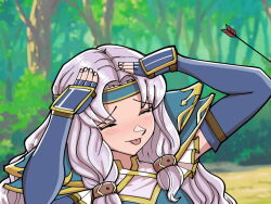 Rule 34 | 1girl, ah eto... bleh (meme), armor, arrow (projectile), blue armor, blue gloves, blue headband, blush, closed eyes, closed mouth, elbow gloves, fingerless gloves, fingernails, fire emblem, fire emblem: the blazing blade, fire emblem heroes, florina (fire emblem), furrowed brow, gloves, hair intakes, headband, light purple hair, long hair, meme, mnejing30, nintendo, official alternate costume, shoulder armor, smile, solo, taiho shichauzo, tongue, tongue out, tree, upper body, wavy hair