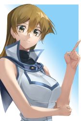 Rule 34 | 1girl, bag, blue background, blue sailor collar, border, breasts, brown eyes, brown hair, closed mouth, duel academy uniform (yu-gi-oh! gx), gradient background, hair between eyes, highres, index finger raised, jacket, long hair, looking at viewer, medium breasts, outside border, rourou ill, sailor collar, shirt, sleeveless, sleeveless jacket, sleeveless shirt, smile, solo, straight hair, tenjouin asuka, turtleneck, upper body, white border, white jacket, yu-gi-oh!, yu-gi-oh! gx