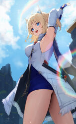 Rule 34 | 1girl, absurdres, armpits, arms up, ass, blonde hair, blue eyes, blue sky, breasts, commentary request, dress, ex astris, fingerless gloves, gloves, hair ornament, highres, holding, long hair, long sleeves, medium breasts, multiple girls, pointy ears, sky, smile, stretching, thighs, vi3 (ex astris), zayur