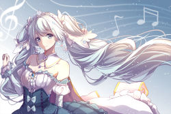 Rule 34 | 1girl, absurdly long hair, aqua eyes, aqua hair, artist name, artist request, bare shoulders, beamed sixteenth notes, blue background, blue eyes, blue hair, cape, commentary, detached sleeves, dress, earrings, eighth note, female focus, floating hair, hatsune miku, highres, jewelry, light blue hair, light smile, long hair, looking at viewer, musical note, scarlet dango, smile, solo, staff (music), symbol-only commentary, tiara, treble clef, twintails, upper body, very long hair, vocaloid, yuki miku, yuki miku (2019)
