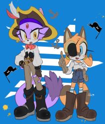 Rule 34 | 2girls, animal ears, black footwear, blaze the cat, blue eyes, boots, brown gloves, cat ears, cat girl, cat tail, eyepatch, fingerless gloves, flag, forehead jewel, furry, furry female, gloves, hat, highres, kneehighs, low twintails, marine the raccoon, multiple girls, pants, pirate, pirate hat, raccoon ears, raccoon girl, raccoon tail, remimun, shorts, socks, sonic (series), striped clothes, striped socks, tail, twintails, yellow eyes