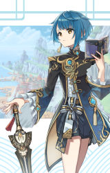 Rule 34 | 1boy, blue hair, blurry, blurry background, book, chinese clothes, closed mouth, cloud, cloudy sky, day, earrings, frilled shirt collar, frilled sleeves, frills, genshin impact, harbor, highres, holding, holding book, holding sword, holding weapon, jacket, jewelry, long sleeves, looking to the side, male focus, mountain, nyantiu, open book, short hair, shorts, single earring, sky, solo, sword, tassel, tassel earrings, trap, vision (genshin impact), weapon, xingqiu (genshin impact), yellow eyes