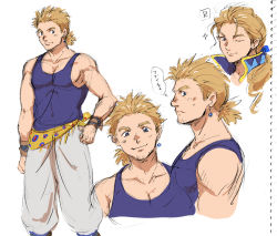 Rule 34 | 1990s (style), 2boys, 500kcal, blonde hair, blue eyes, brothers, earrings, edgar roni figaro, final fantasy, final fantasy vi, jewelry, long hair, male focus, multiple boys, muscular, muscular male, one eye closed, pectoral cleavage, pectorals, ponytail, retro artstyle, sabin rene figaro, siblings, simple background, smile, tank top, toriharara, white background