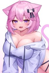Rule 34 | 1girl, :3, :d, ahoge, animal ears, black bow, blush, bow, breasts, cat ears, cat girl, cat hair ornament, cat tail, cleavage, commentary, deaver, ghost hair ornament, hair between eyes, hair bow, hair ornament, highres, hood, hood down, hoodie, large breasts, long sleeves, looking at viewer, nyatasha nyanners, off shoulder, open mouth, pink hair, purple eyes, purple hoodie, short hair, simple background, smile, solo, tail, virtual youtuber, vshojo, white background