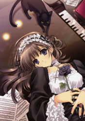 Rule 34 | 1girl, absurdres, bass clef, beamed quavers, black nails, brown hair, cat, choker, crotchet rest, fingernails, flat sign, flower, frills, gathers, gothic lolita, grand piano, headdress, highres, instrument, jewelry, keyboard, lace, light particles, lolita fashion, long hair, musical note, nail art, nail polish, piano, ring, rose, scan, sheet music, solo, suzuhira hiro, treble clef