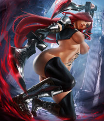 Rule 34 | absurdres, ally loren, armor, assassin, blood, breasts, female focus, highres, katarina (league of legends), large breasts, league of legends, medium breasts, red hair, tattoo, thighhighs