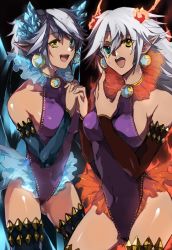 Rule 34 | 10s, 2girls, :d, bad id, bad pixiv id, cardfight!! vanguard, crimson beast tamer, detached sleeves, earrings, fire, fire, holding hands, heterochromia, ice, jewelry, leotard, multiple girls, open mouth, pointy ears, ren (pixiv), siblings, sisters, smile, thighhighs, turquoise beast tamer, twins